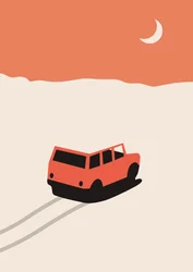 Red Car in Desert with Moon