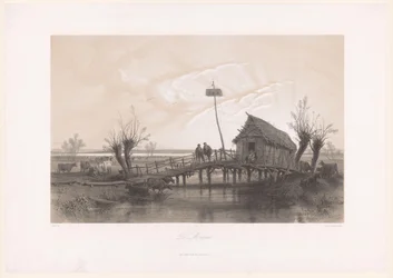 Marsh landscape with cows and figures near a house with a bridge - Le Marais