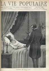 A man overwhelmed with sadness, standing at the bedside of a bed, holds the hand of his lovely dead woman. On the bedside table, a candle lights and a crucifix. On the lintel of the fireplace, a cup and a woman