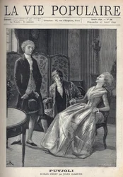 A pretty blond young man, looks bad, having just made his proposal, sees the girl caught with a laugh, spilled over on her chair, under the astonished eyes of her father. Illustration for Puyjoli by Jules Claretie (1840-1913). Engraving by Fortune Meaulle 