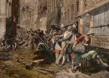 A Siege Episode in Lille, October 1792 - The Wig Maes Using a Bomb Shell as a Beard Dish to Shave a Client - Engraving by Meaulle after Gaston Melingue