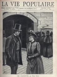 A young woman wearing a veil hat that covers her face, holding an umbrella and a book, talks to an elegant young man