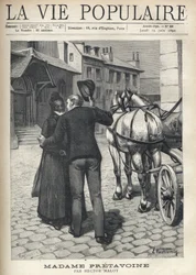 An alert and lively young man, coming out of a carriage travelling over the paved square of a provincial town, eagerly embraces his old mother, worthy, veiled and clothed in black, lifting his round hat halfway. Illustration by E. Vulliemin for Madame