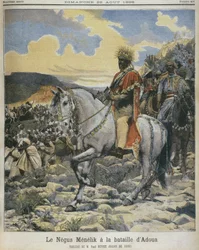 Black of Ethiopia, Menelik II (1844-1913) at the battle of Adowa, illustration from 