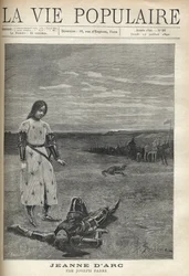 In front of the troop of armed knights, Joan of Arc in armor, looks with sadness at the body of a dead knight. Illustration by Bernard Borione for Joan of Arc by Joseph F
