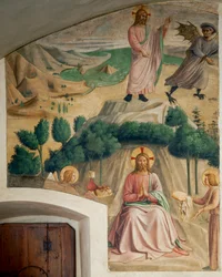 Cella 32: Jesus Chases the Devil Who Tempts Him in the Desert; Angels Bring Him Bread