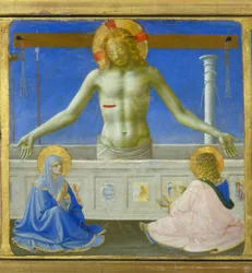 Christ standing in his tomb (Resurrection) - lower part (predella) of the "Coronation of the Virgin", depicting Christ at the tomb and six episodes from the life of Saint Dominic, founder of the order to which Fra Angelico belonged