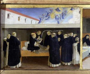 The death of Saint Dominic (1221) - the lower part (the predella) of the "Coronation of the Virgin", depicting Christ at the tomb and six episodes from the life of Saint Dominic, founder of the order to which Angelico belonged, by Guido di Pietro