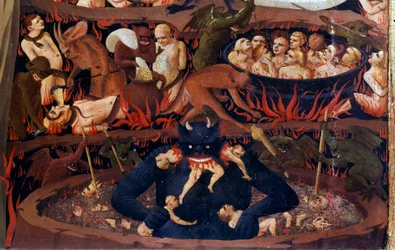 The Last Judgment: detail of the Underworld. Damned in the infernal circles, tortures by demons. Detail of a tempera on wood by Guido di Pietro (or Fra Giovanni da Fiesole) called Fra Angelico or il Beato