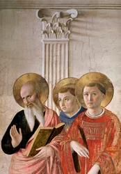 The Madonna of Shadows. Detail: St John, St Thomas and St Lawrence, c. 1438-1446
