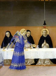 The meal of the monks served by the angels - the lower part (the predelle) of the Coronation of the Virgin representing Christ at the tomb and six episodes of the life of Saint Dominica, founder of the order to which the Angelicode belonged by Guido di P