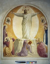 The Transfiguration of Christ. The Faces of Moses and Elijah are Represented in the Background. Below are the Virgin and Saint Dominic. On the Ground, Three of the Apostles. Fresco by Guido di Pietro