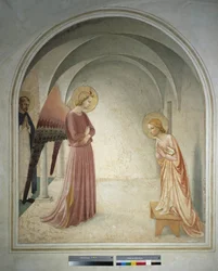 The Annunciation. Saint Peter Martyr Stands Behind the Archangel Gabriel Announcing to the Virgin Mary. Fresco by Guido di Pietro