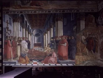 The Celebration of the Relics of St. Stephen (showing part of the Martyrdom of St. Stephen), 1452-66