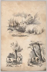 Vignette with two sheep, Vignette with two cows in a pool, and Vignette of a wood-gatherer, 1847