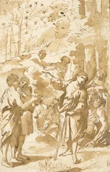Joseph telling his dream to his father and brothers and pointing to eleven stars in the sky