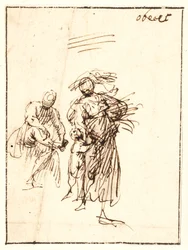 Sketch of Woman Walking with a Child at Her Side and a Seated Figure Behind