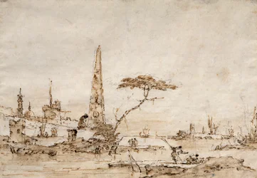 Capriccio beside a Venetian Lagoon with an Obelisk and Lion outside the Walls of a Fortified Town