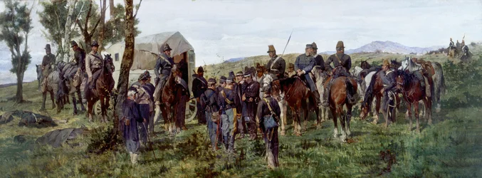 Episode from the battle of Custoza: The wounded Prince Amedeo is escorted to an ambulance