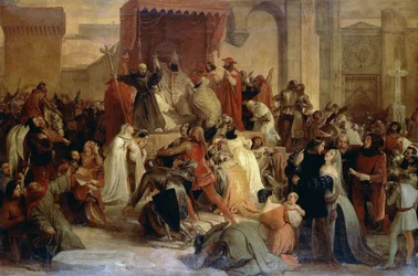 Pope Urban II preaching the First Crusade in the square in Clermont