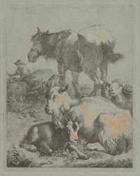 Horse, Ram, Goat with Kid, In the Distance a Shepherd with Flock