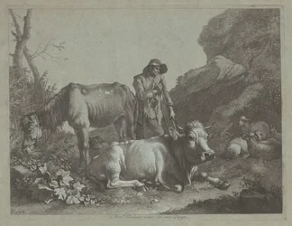 Shepherd Resting on a Walking Stick with an Old Horse and a Reclining Bull