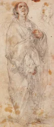Heavily Draped, Standing Woman Looking Upwards, and a Sketch for Her Head