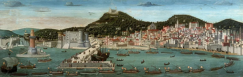 Tavola Strozzi. View of Naples, the Aragonese fleet enters the harbour on 12 July 1465