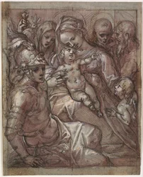 Virgin Mary and Child with Young John the Baptist, Bernardino of Siena (?), Catherine of Siena, Archangel Michael and a Bearded Saint