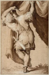 Young Warrior, Seen from Behind, Lifting a Curtain