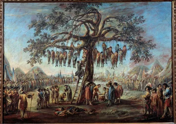 The Hanged Tree. A macabre spectacle representing convicts being tortured by hanging from the branches of a tree. Illustration inspired by an engraving from the series "Les misères de la guerre" by Jacques Callot (1592-1635). Painting by Francesco