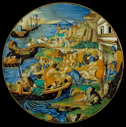 Iliad of Homer: Faience Dish Representing the Abduction of Helen by Paris