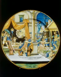 The Temptation of Joseph the Hebrew, plate by Francesco Xanto Avelli conserved in the Museo Nazionale del Bargello, Florence