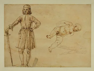 A Child Sitting; Standing Man Holding a Sword