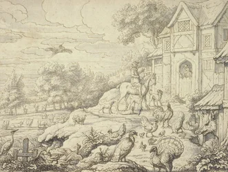 Farmyard, with Figures and Landscape Background