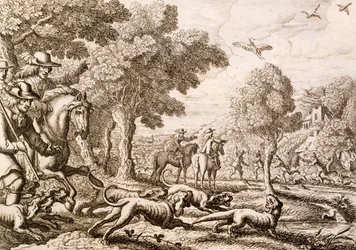 Otter hunting by a river, engraved by Wenceslaus Hollar, 1671
