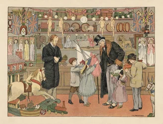 Victorian children choosing toys with their uncle in a toy store. Illustration by Francis Donkin Bedford from Edward Verrall Lucas