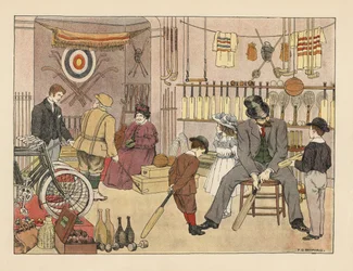 Victorian father and children buying cricket bats at the athletic outfitters and sports shop. Golfer in plus fours with a store clerk. Illustration by Francis Donkin Bedford from Edward Verrall Lucas