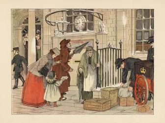Victorian people posting letters near Christmas Day at the Post Office. Chromolithograph after an illustration by Francis Donkin Bedford from Edward Verrall Lucas