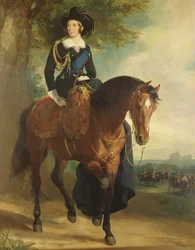 Portrait of Queen Victoria on Horseback, with Windsor Castle, the Duke of Wellington and the Household Brigade in the Background