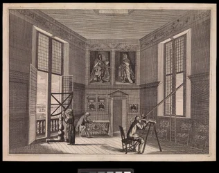 Three figures using astronomical equipment in the Great Star Room or the Octagon Room, as it is known today, at the Royal Observatory., c.1676