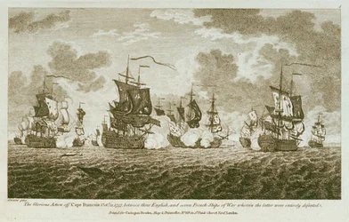 Twelve Prints of Sea Engagements. The Glorious Action off Cape Francois Octr 21 1757, between the English, and seven French ships of War wherin the latter were entirely defeated.
