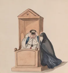 A woman confessing to a priest, from a group of drawings depicting Peruvian costume, ca. 1848