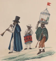 Two Musicians and a Man Carrying on His Head a Rooster in Cage