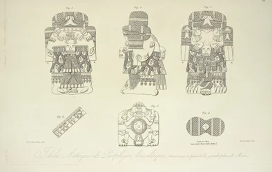 Aztec Idol of Basaltic Porphyry, Found Beneath the Grand Plaza of Mexico City, Engraved by Cloquet, Illustration from 