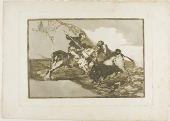 The Way in which the ancient Spaniards Hunted Bulls on Horseback in the Open Country, plate one from The Art of Bullfighting