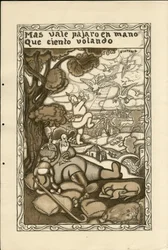 Illustration of Francisco Sancha Lengo - Flying leaf, ca. 1915 - Mas vale pajaro en mano que ciento volando - War of 14-18, Germany Prussia, Belligerents and symbols, Victory, Peace, Spanish language, Foreign press