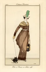 Woman in Panier Dress in Coffee-Coloured Satin with Pet Dog