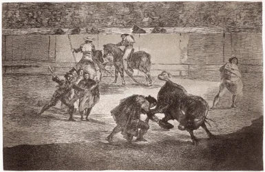 Bullfighting: a bullfighter enters the arena to kill the bull with a hat instead of the muleta