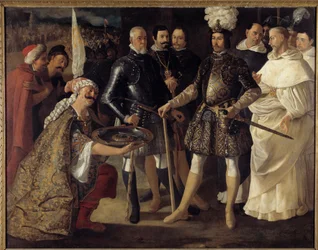 Reconquista: “The surrender of Seville to Ferdinand III, King of Castile and León”. The Moors handed over the keys of the city to the King of Castile on 22/12/1248. Painting by Francisco de Zurbarán (1598-1664), 1634. 157.5 x 208.2 cm. Private collection